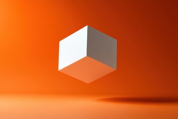 Floating white cube against a vibrant orange backdrop with smooth shadows in a minimalistic setting