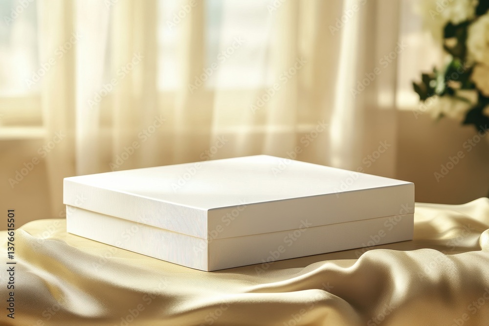 Poster elegant white box resting on a soft fabric surface in a sunlit room adorned with soft curtains and f