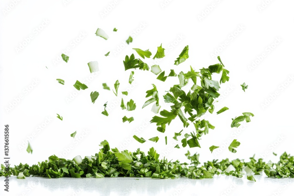 Aufkleber Freshly chopped herbs are scattered in the air creating a vibrant culinary display of greenery in a bright kitchen environment