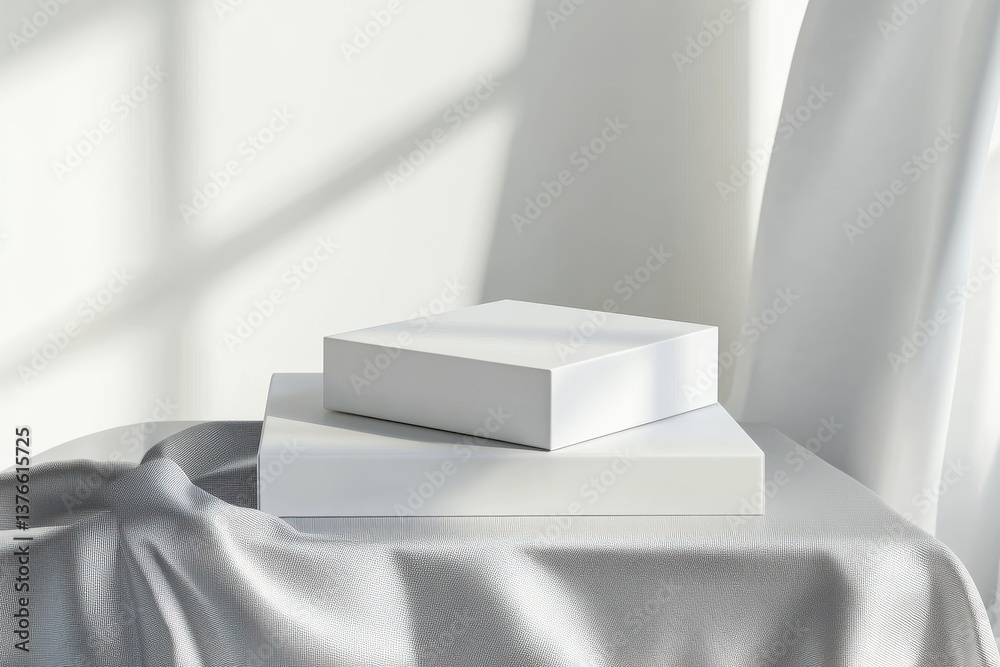 Aufkleber Minimalist display of white boxes on a softly draped gray surface with natural light filtering through