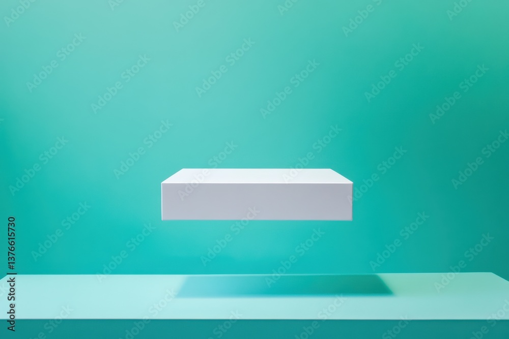 Aufkleber box floating in mid-air against a vibrant turquoise background in a minimalist setting