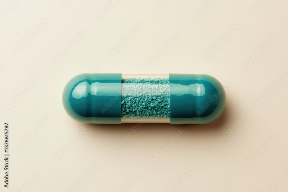 Aufkleber colorful capsule filled with bright green powder resting on a soft beige surface creates a striking 