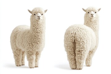 Fototapeta premium Fluffy white alpaca standing and posing, showcasing its unique texture and demeanor in a bright setting