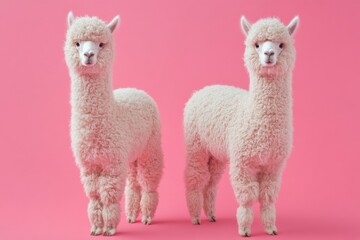 Fototapeta premium Two fluffy alpacas standing side by side against a bright pink background in a playful and charming display