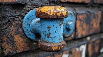 Rusted blue and yellow metal pipe fitting on old brick wall.