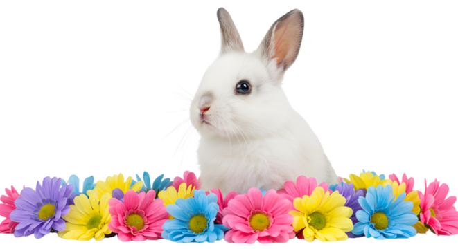 Adorable White Bunny with Colorful Flowers on White Background Portrait