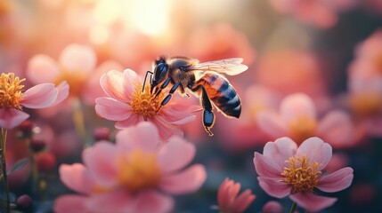 Honeybee pollinating pink flowers at sunset.