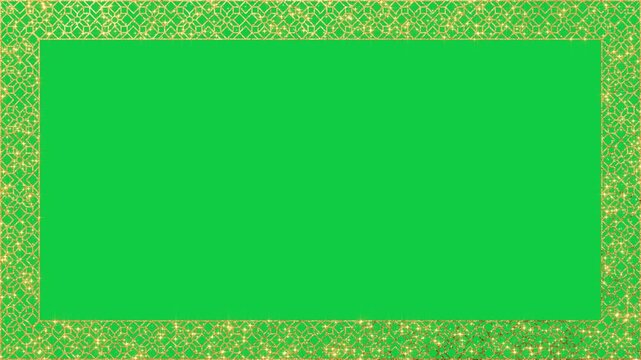 golden floral oriental border frame isolated on green background animation, shiny glowing gold stars overlay motion design element