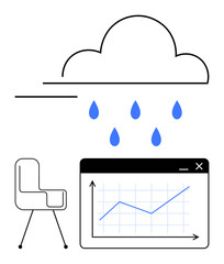 Cloud releasing raindrops representing data onto a line graph displayed on a screen, with a chair nearby. Ideal for cloud computing, data analytics, business growth, workspace, modern design