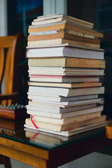 pile of reading books and literature on the table