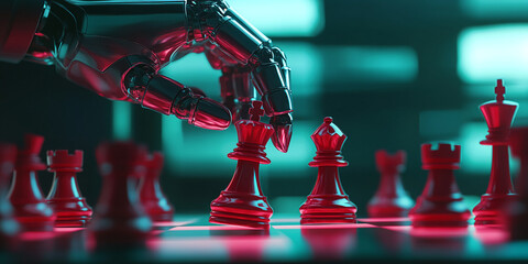 Robotic hand moving red chess king, strategic game concept, artificial intelligence, technology, future, competition, challenge