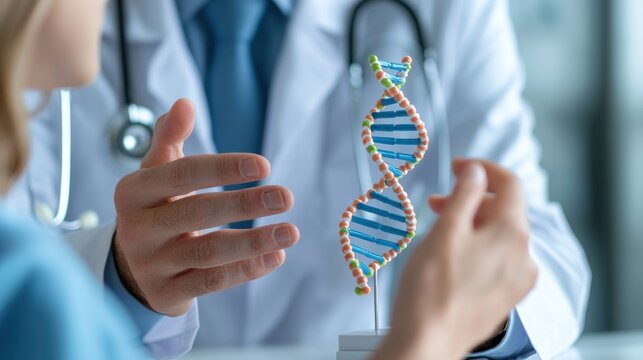 The doctor is explaining genetic concepts to a patient in a clinical environment close-up interaction