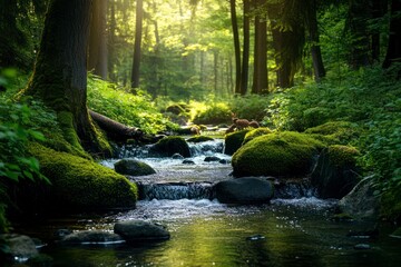 Obraz premium Flowing Creek Through Lush Green Forest with Sunlight and Mossy Rocks