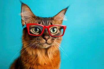 A curious cat wearing stylish red framed eyeglasses on display