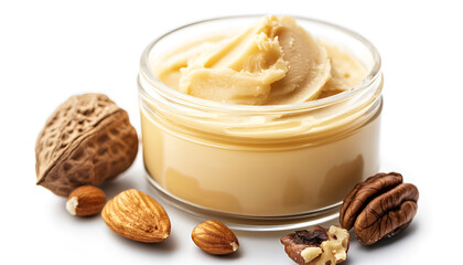 Natural shea butter and nuts isolated on white