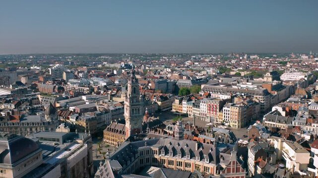 Skyline of Lille (Hauts-de-france, Flanders, France): Aerial view of the historical Grand Place du G&eacute;n&eacute;ral-de-Gaulle, old town main square. 