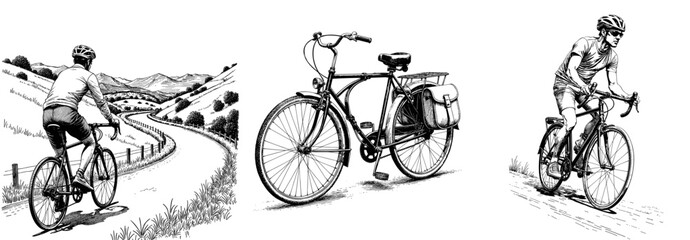 Set of Vintage black and white sketch of touring bicycle with saddlebags  