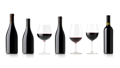 Bottles and glasses with different wines isolated on white, set