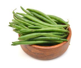 Green beans with leaves on white background