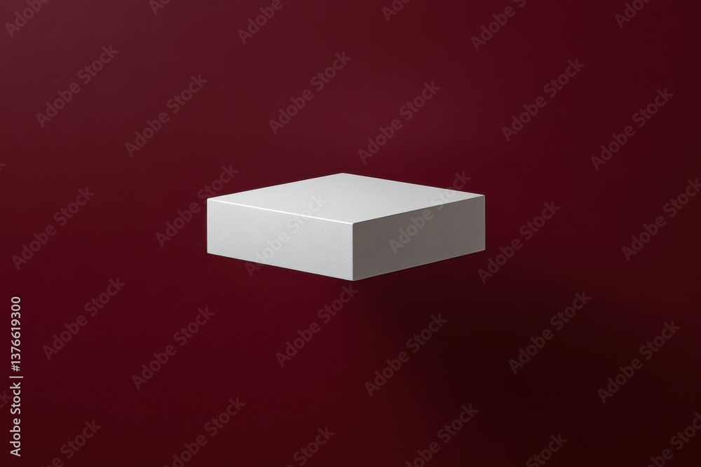 Aufkleber minimalist white cube floating against a rich burgundy background in a studio setting