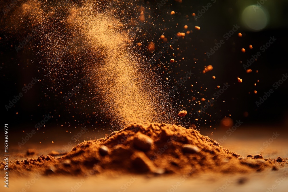 Poster spice powder billows in the air creating an aromatic cloud in a kitchen setting during the evening