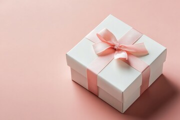 Stylish white gift box with pink ribbon on pastel pink background for celebrations and special occasions