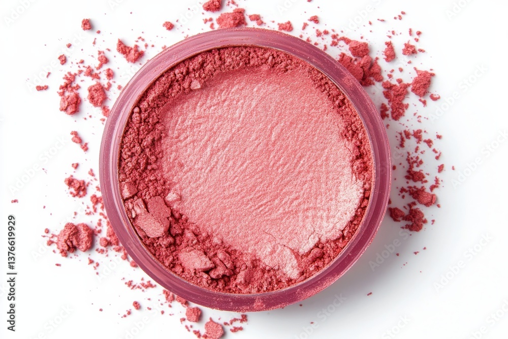 Poster Natural pink blush powder in a round container on a white surface with scattered particles around it