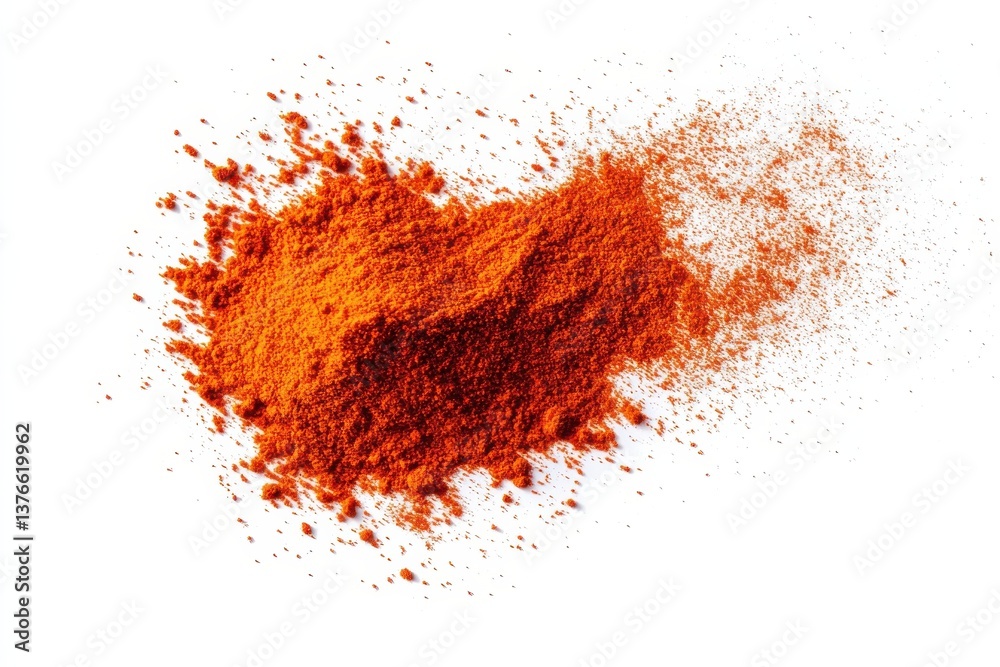 Poster vibrant red spice powder displayed on a white surface, showcasing its fine texture and vivid color n