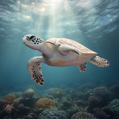 Fototapeta premium Sea Turtle in Coral Reef Sunlight