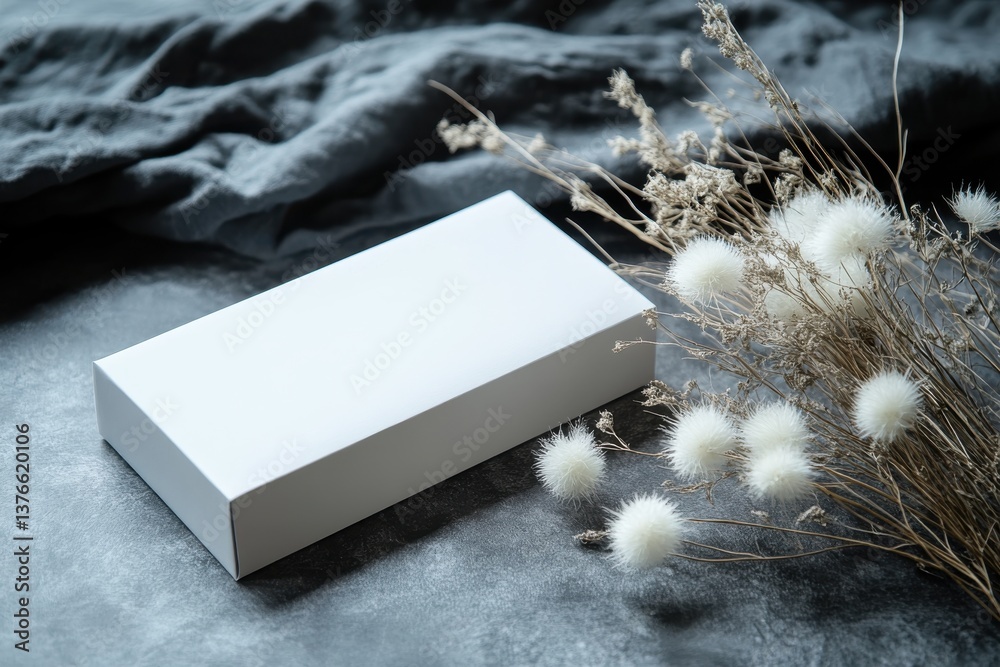 Aufkleber White box placed on a soft gray surface with dried flowers beside it, creating a serene and minimalistic atmosphere