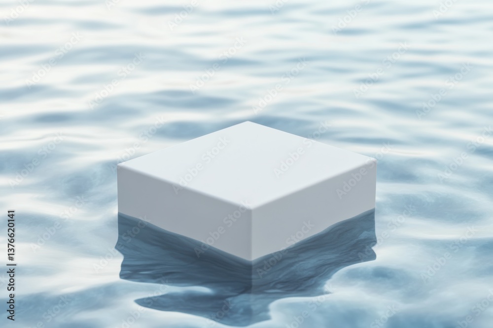 Poster floating white cube on calm water creates a surreal and minimalist composition in natural lighting