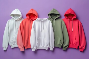 Colorful hoodies displayed on a purple background featuring various styles and shades for trendy casual wear