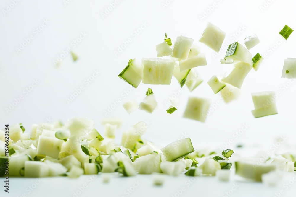 Poster freshly chopped cucumber pieces flying in the air with a light background in a kitchen setting