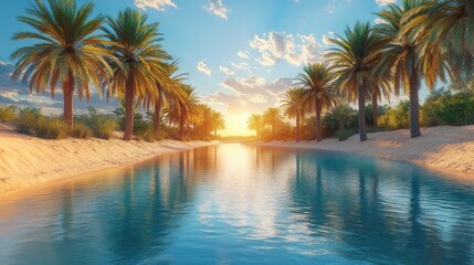 Obraz premium Serene oasis sunset with palm trees and calm water.