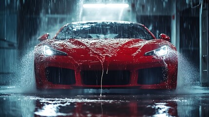 Sleek sports car covered in foam at car wash with dark backdrop and text space car care banner minimal design no people self-service