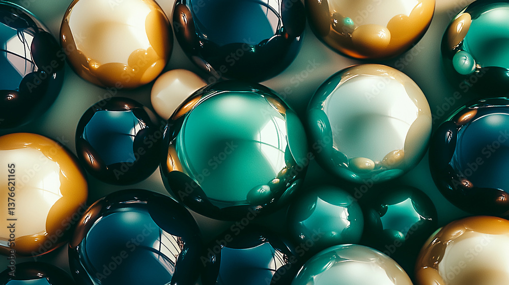 Poster close-up of glossy spheres in teal, gold, and off-white hues, creating a smooth, reflective surface.