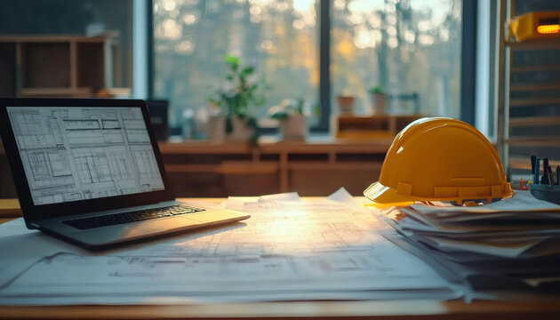 Estimates and blueprints on estimator desk. Job in construction estimation. Yellow hard hat on scrolls, laptop, window. Construction industry concept. Planning, pricing and budgeting.