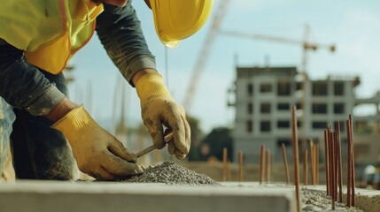 A construction worker testing building materials at a job site. Featuring testing and focus