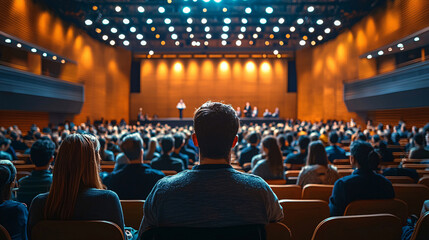 An academic conference scene with a speaker on stage, providing valuable information to a group of attentive participants in a convention center