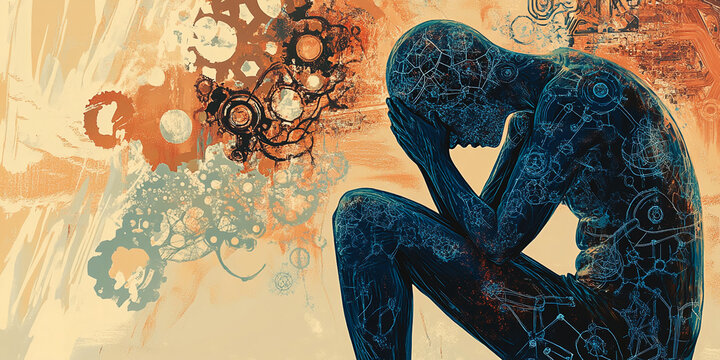 Abstract artwork depicting figure in pensive pose, body rendered with intricate mechanical details against a textured, warm-toned background, suggesting themes of introspection and internal mechanisms