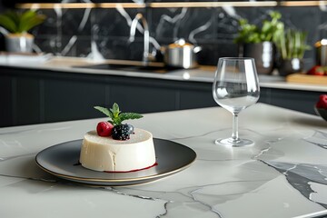 Fototapeta premium Elegant panna cotta dessert with fresh berries and mint leaf on gray plate, served on marble countertop with empty wine glass in modern kitchen setting.