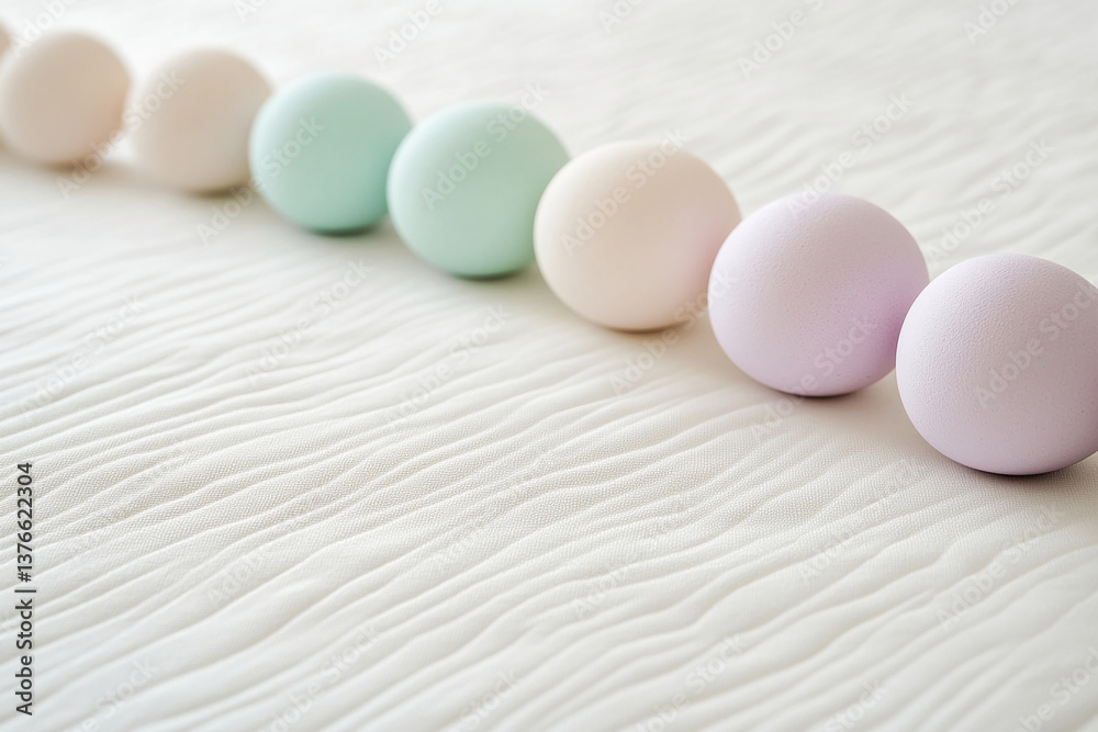 Aufkleber Pastel-colored eggs arranged in a row on a textured white surface, creating a calm and serene composition, showcasing a minimalist Easter or spring theme