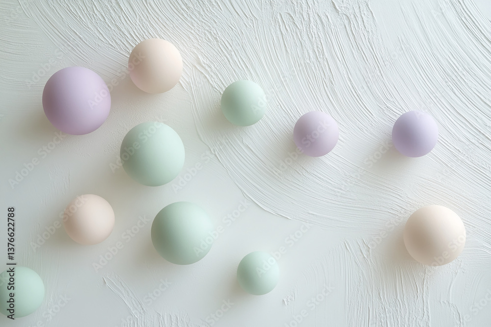 Aufkleber pastel-colored spheres arranged on textured white surface, creating a minimalist and calming visual,