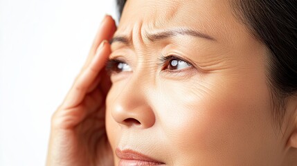 Fototapeta premium Woman suffering from headache at home emotional portrait close-up calm environment