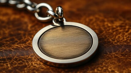 Close-up of a circular metal keychain with a brushed bronze disc on brown leather.