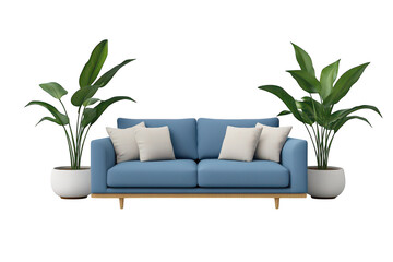 A light blue couch with plants and pillows transparent background