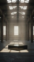 Striking product display platform in aged industrial interior with light shafts