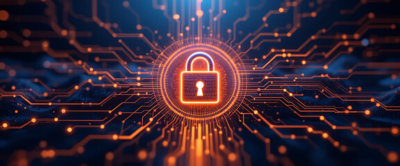 abstract block chain technology cyber protection system with glowing digital lock on the middle, warm color theme, dark blue gradient color theme, intricate details, smooth, field, 8k resolution, vint