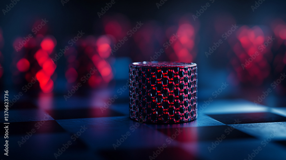 Aufkleber Dark red cylindrical object on a chessboard, illuminated with red and blue light, creating a dramatic and mysterious scene, representative of strategy or challenge