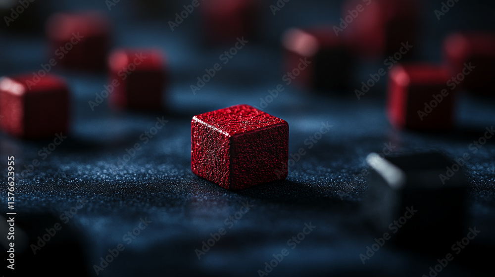 Poster Close-up of red textured cube on dark surface, surrounded by blurred cubes, showcasing a minimalist product display concept, ideal for luxury branding or abstract art